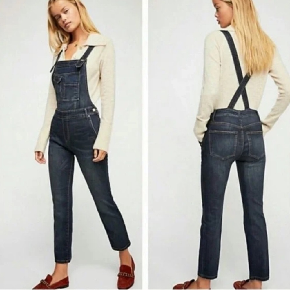 Free People Century Denim Overalls In Eclipse Black Wash Size 25 Stretch